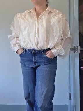Sheer Puff-Sleeve Button-Down Top in Light Pink
